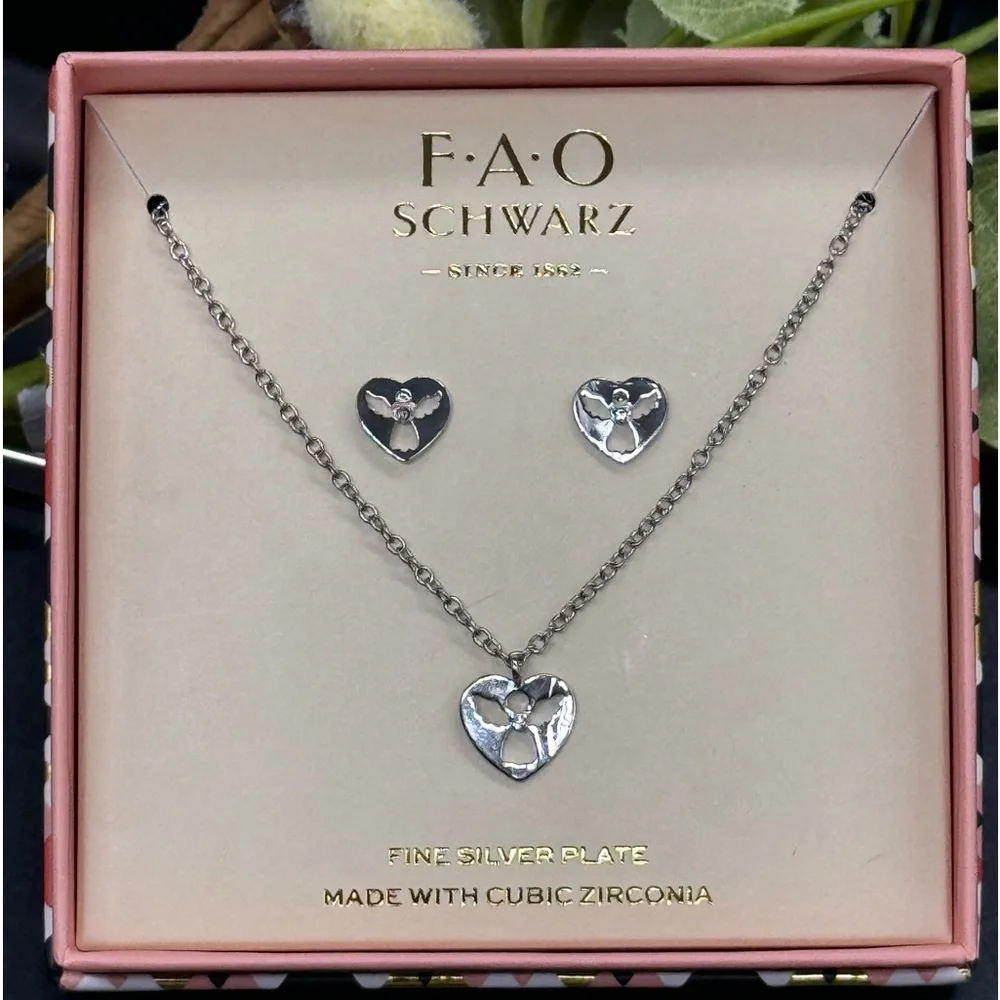 FAO Schwarz Fine Silver Plate Angel Earring Necklace Set
